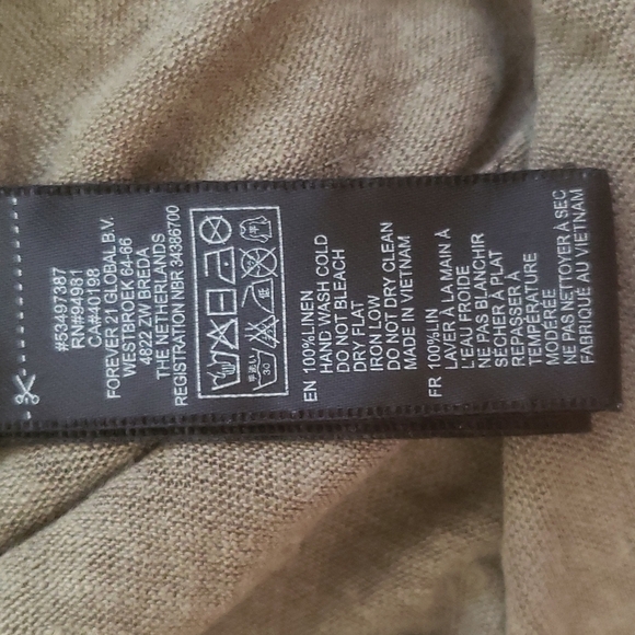 Love 21 Olive Green Babydoll Sleeve Zip Front Top 100% Linen Women's Small EUC - Picture 4 of 4